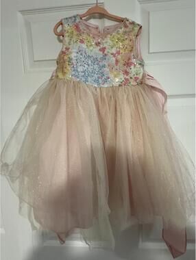 Girls' Floral Sequin Tulle Dress with Bow